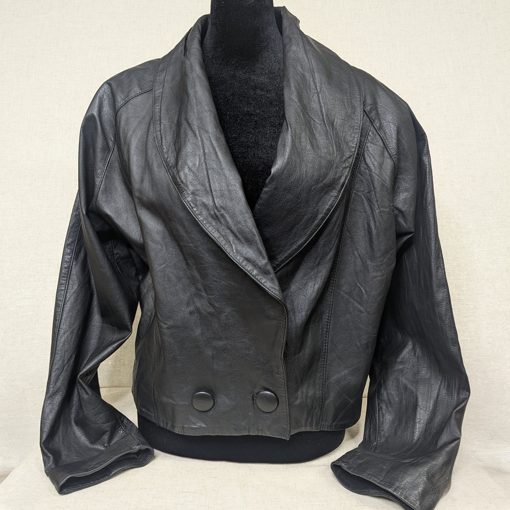 Vintage 80s Avon Fashions Black Leather Cropped Jacket SZ M